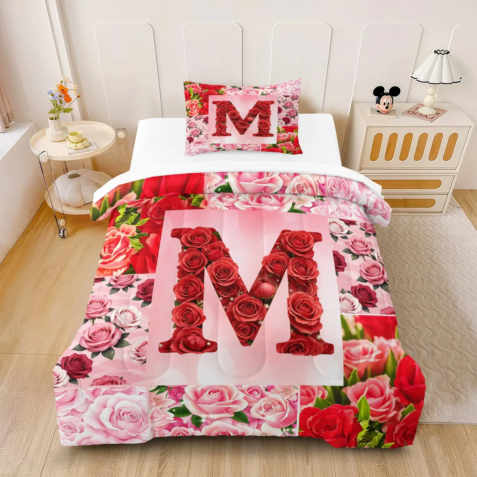 2/3pcs Rose Letter  Comforter Set (with filling, no pillow insert), Fluffy Warm Filling, Soft Fabric, Romantic Rose Print, for bedroom decor