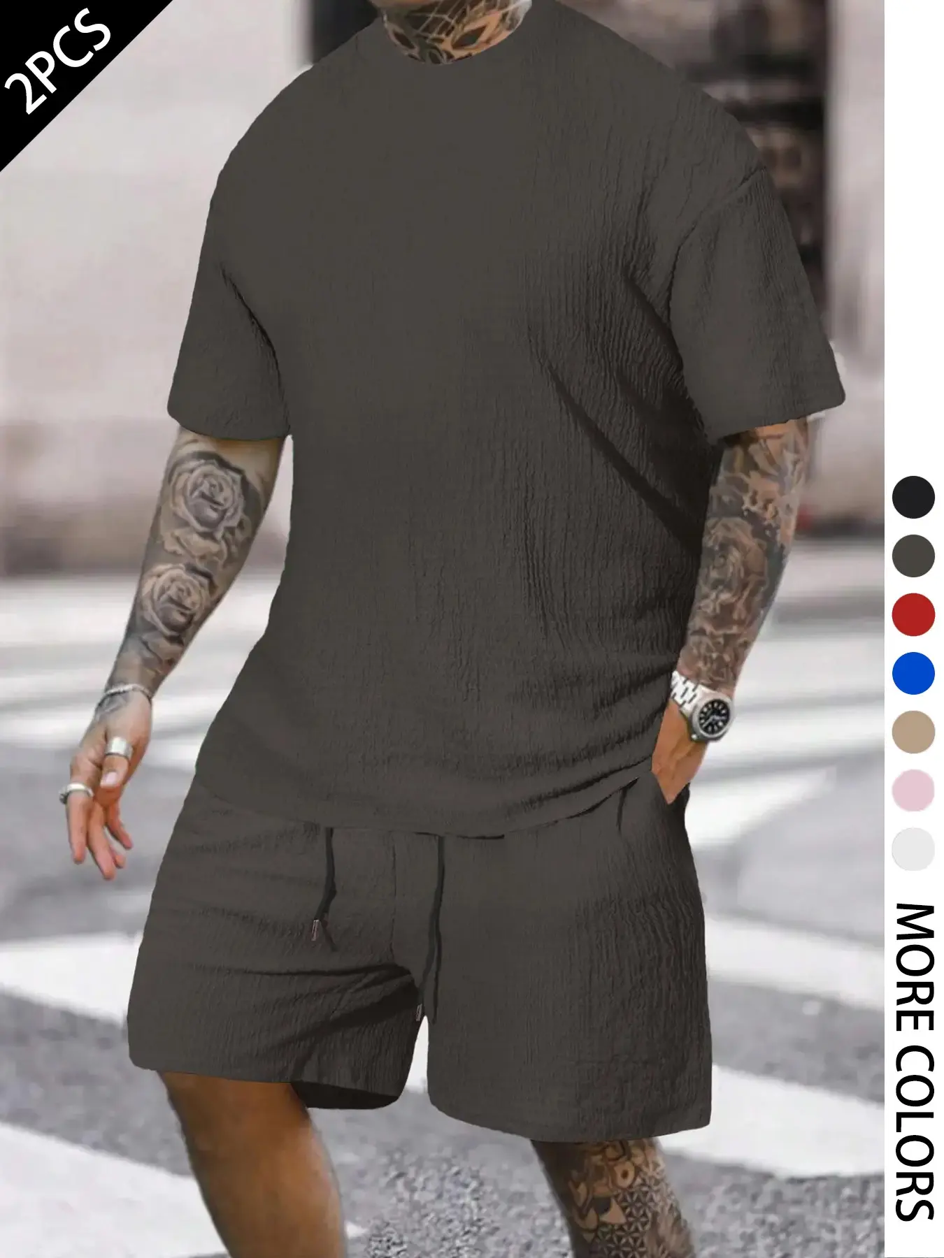 Gender-Neutral Summer Fashion Minimalist Textured Casual Set, Round Neck T-Shirt + Elastic Waist Shorts, Breathable, Multi-Color Options