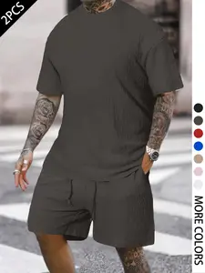 Gender-Neutral Summer Fashion Minimalist Textured Casual Set, Round Neck T-Shirt + Elastic Waist Shorts, Breathable, Multi-Color Options