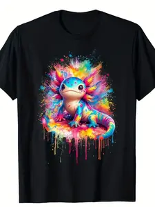 Colorful Kawaii Axolotls of The World Art Axolotl Animals T-Shirt, Round Neck Short Sleeve 100% T-Shirt Casual Top Holiday Graphic Tee, All Seasons Festive Design, Comfortable Fit