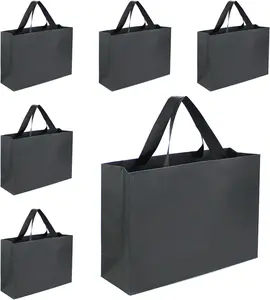 6-Pack Black Gift Bags with Ribbon Handles, 12.6"x4"x8.7" for Shopping, Business, Birthdays, Weddings, Holidays, Parties