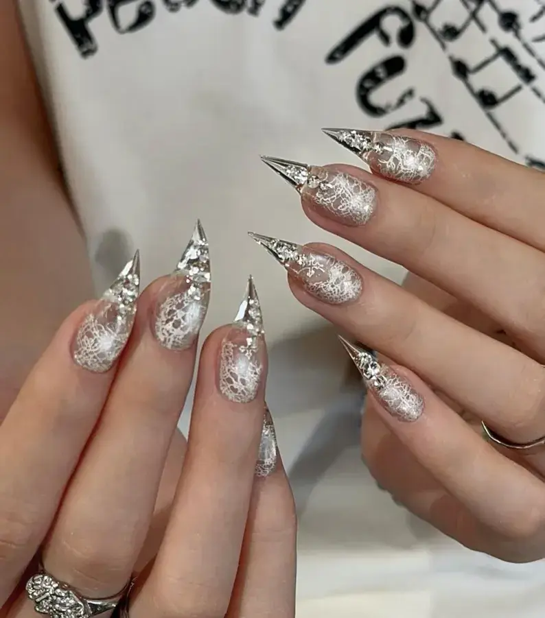 White Mesh Crystal Multicolor Press-On Claw-Finger Extensions - 3D Dragon Fox Cat Eagle Claw Designs, Casual Going Out Bridal Gothic Cosplay Use, Nail Hacks Lazy Nail Method Accessories