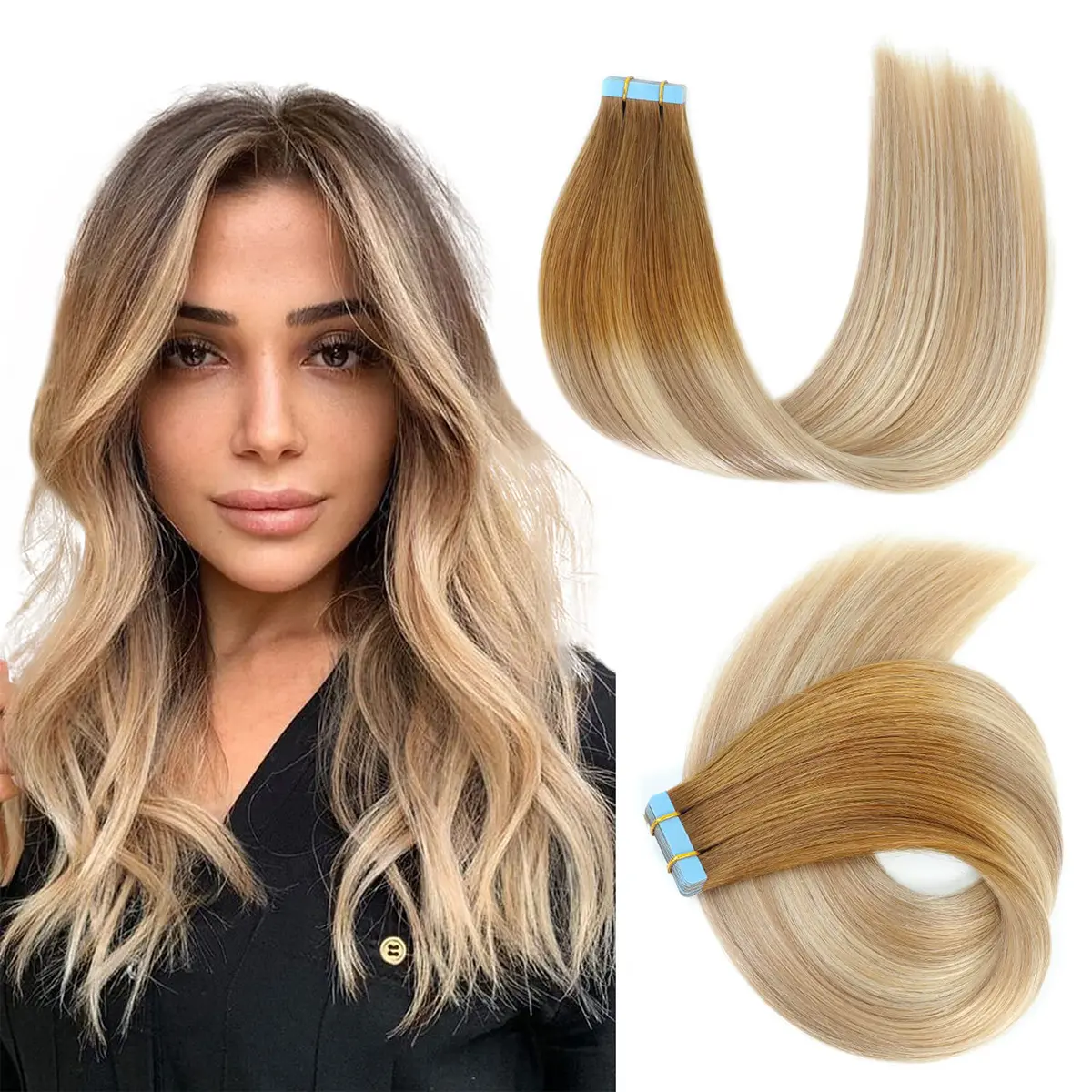 YILITEHAIR #T8/P18/60 Light Brown with Ash Blonde Balayage Remy Human Hair Extensions, Long Straight Tape-In Colored Hair Extensions, 24Pcs sohochic