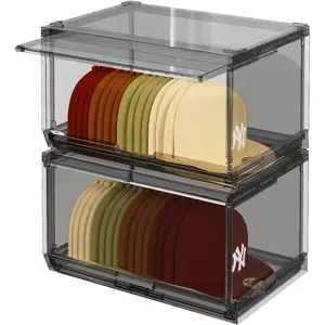 2 Pack Large Hat Organizer Box, Stackable Clear Baseball Caps Holder Box Containers with Door for Hats Snapback Cap Storag, Hat Rack Display Case, Holds 20 Hats Each -Black