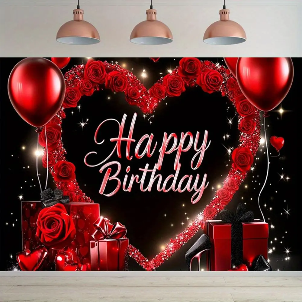 1PC Polyester Reusable 2D Flat Red Rose Heart Balloon Themed Birthday Backdrop Banner, Hanging Cloth Photo Backdrop for Home & Festive Party Decoration, Kids' Birthday Scene Setup, Photo Booth, Happy 2026 Text