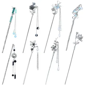 8 PCS Retro Vintage Traditional Hanfu Silvery Metal Flower Hair Sticks with Bead Pendants Bamboo for Lotus Long Hair Chopsticks Forks Bun Updo Holders Hairpins