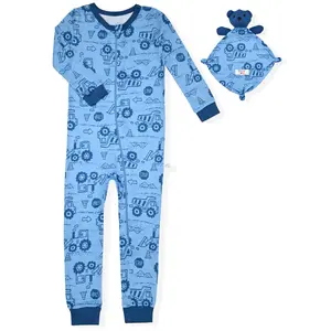 Sleep On It Infant Boys Long Sleeve Super Soft Snuggle Jersey Zip-Up Coverall Pajama with Matching Blankey Buddy - Construction baby  onesies