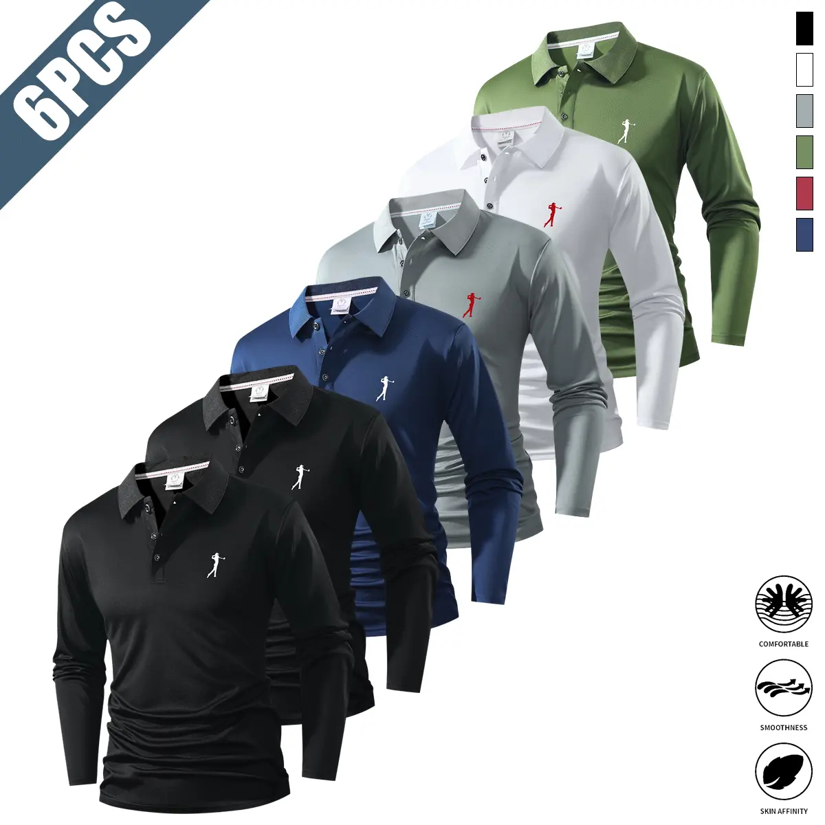 Men’s 6PCS Quick-Dry Sun-Safe Fabric Lightweight Soft Stretchy Polyester Polo Shirts - 3D Structured Collar, Wrinkle-Resistant Long-Sleeve, Breathable, Suitable for Golf, Office, Valentine’s Day Gift