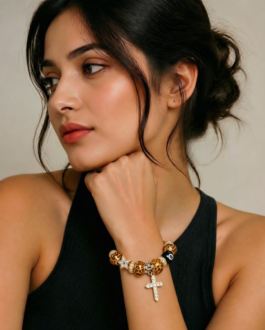 Wild & Holy Leopard Charm Bracelet: 8-Ball, Cross & Star Gold Snake Chain Bangle - Bold Statement Jewelry for Her