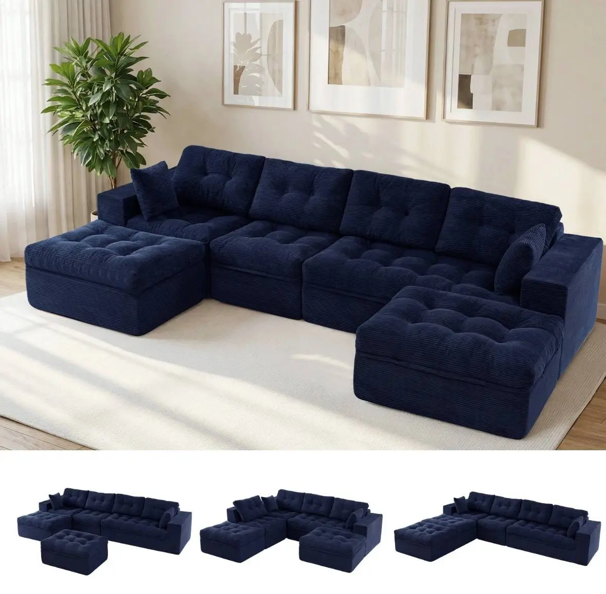 Luxurious Navy Blue Sectional Sofa with Tufted Design and Multiple Configurations for Modern Living Rooms
