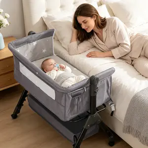 Summervibes Baby Bassinet Sleeper, 6 Height Adjustable Cribs, Easy to Fold Portable Crib Side Bassinet, Swing Cradle Bed Side Sleeper with Ventilated Net&Wheels Folding Cot Layer Floorbed