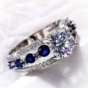 1PS S925 Silvery Inlaid Center Stone 2 Moissanite Side Stone Inlaid Zirconia And Blue Fused Alumina Unisex Daily Wear Party Banquet Gifts