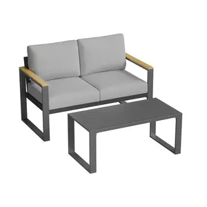 Modern Aluminum Patio Loveseat & Coffee Table Set - All-Weather Outdoor Chair with Washable Thick Cushions for Balcony, Garden, Deck, Backyard