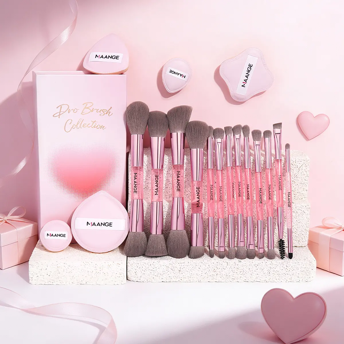 MAANGE 13 Pcs Brushes + 5 Puffs + Pink Gift Box Makeup Kit, Beginner-Friendly Beauty Tools for Eyeshadow, Cheek Sculpting & Foundation Blending, Fine Eyeshadow Brush Sets & Kits