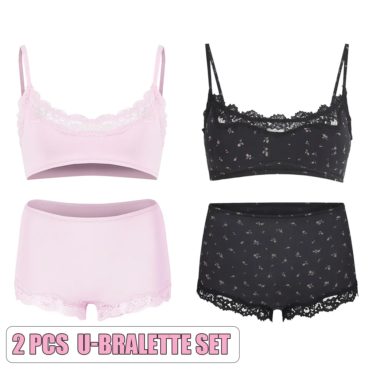 U-Bralette Set(Pink/Black Floral)
