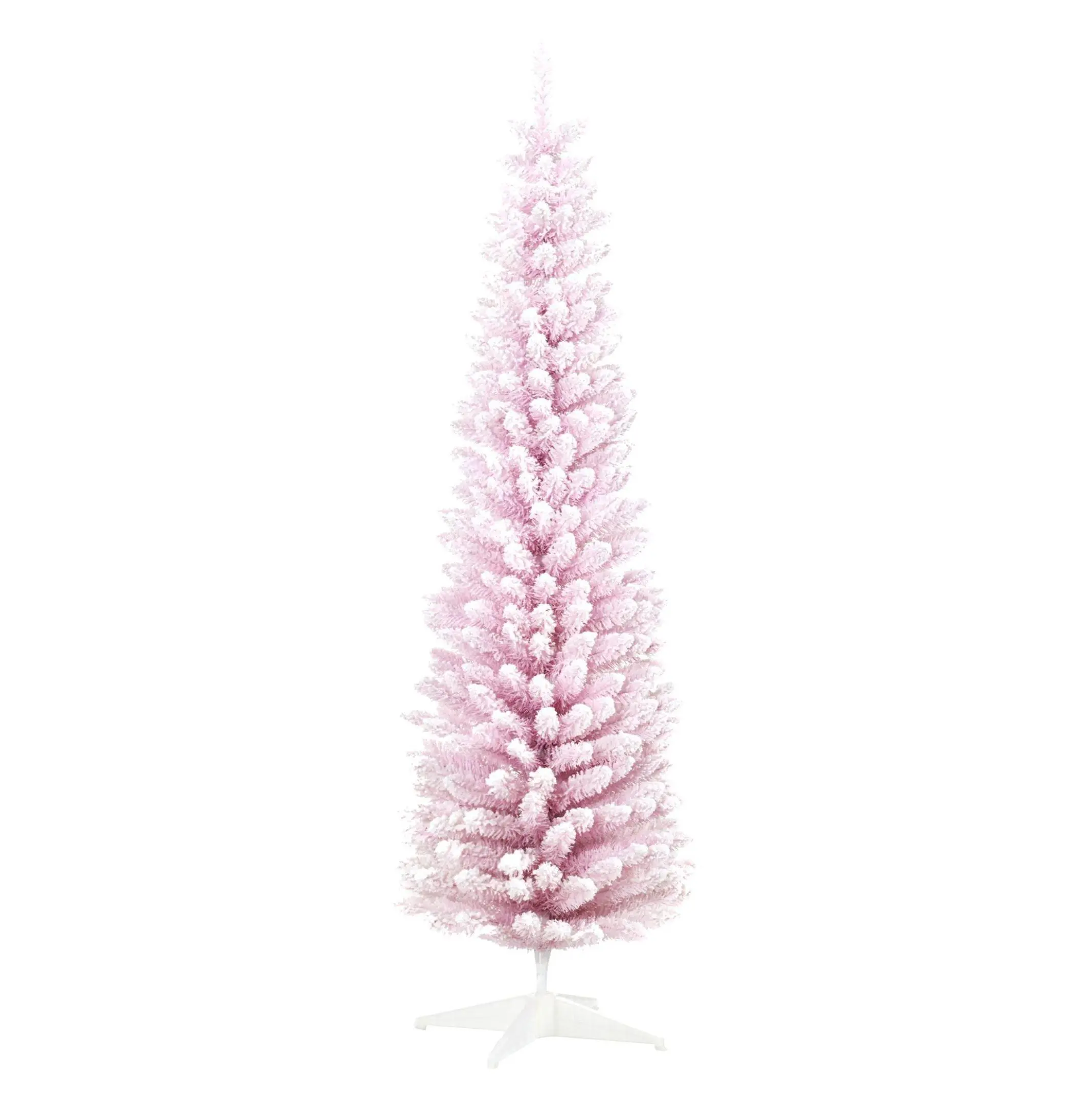 7ft Pink Plastic Snow-Flocked Pencil Christmas Tree - Realistic Branches, Indoor Artificial Holiday Decor Xmas Tree
