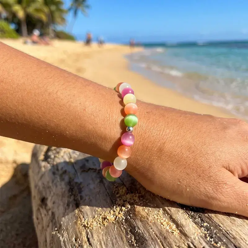 YLNWH Dopamine Jewelry - Rainbow Beaded Bracelet, Anklet & Earrings, UV Reactive Waterproof Colorful Summer Jewelry, Stackable Trendy Accessories for Women