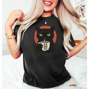 Is He Dead Yet Black Cat T-Shirt, Unisex Anti-Trump Political Protest Graphic Tee, Humorous Subtle FDT Novelty Short Sleeve Apparel for Men and Women, Aesthetic Resist And Persist Gift Fashion Top, Viral Trendy Retro Streetwear Shirt