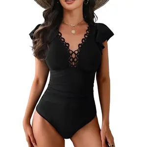 CiCiBird Women Elegant Vintage Lace Trim Deep V Neck One Piece Swimsuit Tummy Control Ruffle Sleeve Bathing Suit Slimming Body Shaper Adjustable Straps Swimwear