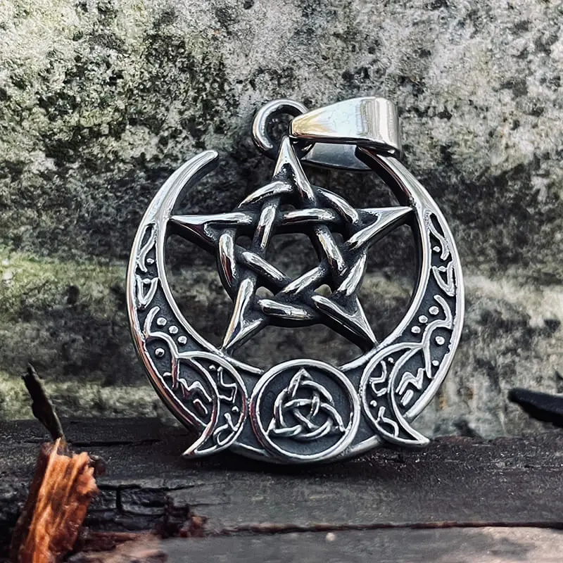 GTHIC Mysterious 3-Moon Pentagram Stainless Steel Pendant, Gothic Witch Jewelry for Men, Spiritual Star Moon Occultism Accessory, Spiritual Pendant