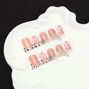 10Pcs Handmade French Press On Nails, French Tip Nails, 3D Acrylic Fake Nails with Pink Bowknot & Cow Print, Y2K Bad Girl Style Reusable Detachable False Nails, Waterproof Long Lasting No Damage Quick Dry DIY Nails Set with Gift Tool Kit