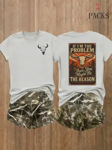 Women's 2-Pack Western Bull Print Short Sleeve T-Shirt & Camo Shorts Matching Set, Womenswear, Soft Casual Fabric, Daily Streetwear Loungewear, Black Beige Pink White Purple Red Multi-Color Options