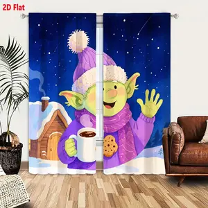 2D Flat Cheerful Green Goblin-like Character Waving with Purple Hat Scarf Sweater Holding Hot Chocolate & Cookie, Cozy Cabin Snowy Night Scene Curtain 2-Piece Set - Festive Holiday Wintry Backdrop Thermal Drape & Valance for Living Room Bedroom Dec