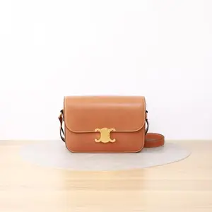 Pre-owned Celine Calfskin Crossbody Bags Triomphe Medium Brown CPU0523