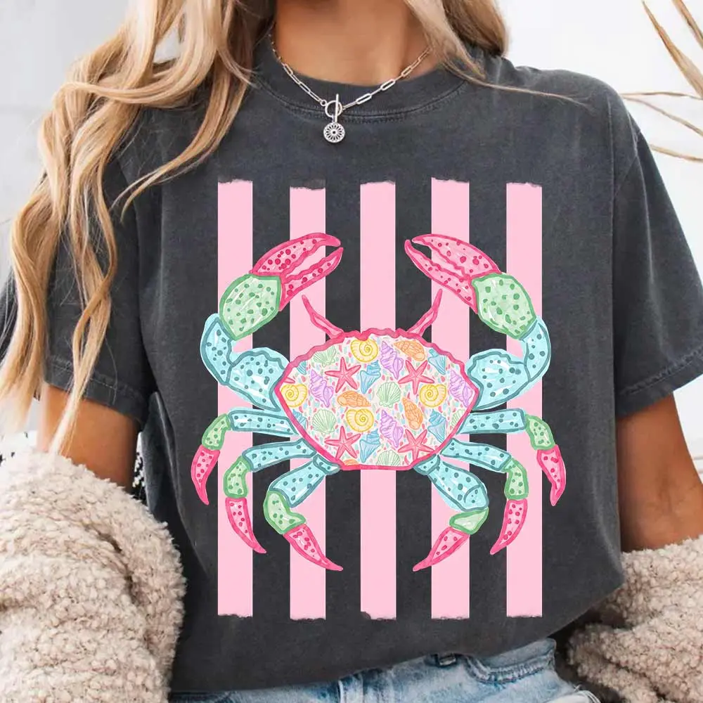 Everyday Summer Crab Comfort Color Shirt, Girly Trendy Shirt, Women Pink Preppy Prep Beach Bay Coastal Watercolor Trending Stripes Tee - ytk10078