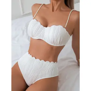 Luxury Pearl Strap White Ribbed High-Waist Bikini Set Elegant Pearl Strap Two-Piece Swimsuit bathing suit outfit beach pool cute swimwear