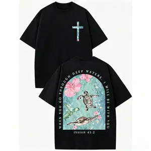 Streetwear Tee with Sea Turtle & Text Print ("I Will Be with You"), Loose Fit Casual T-Shirt, Machine Washable Soft Daily Wear