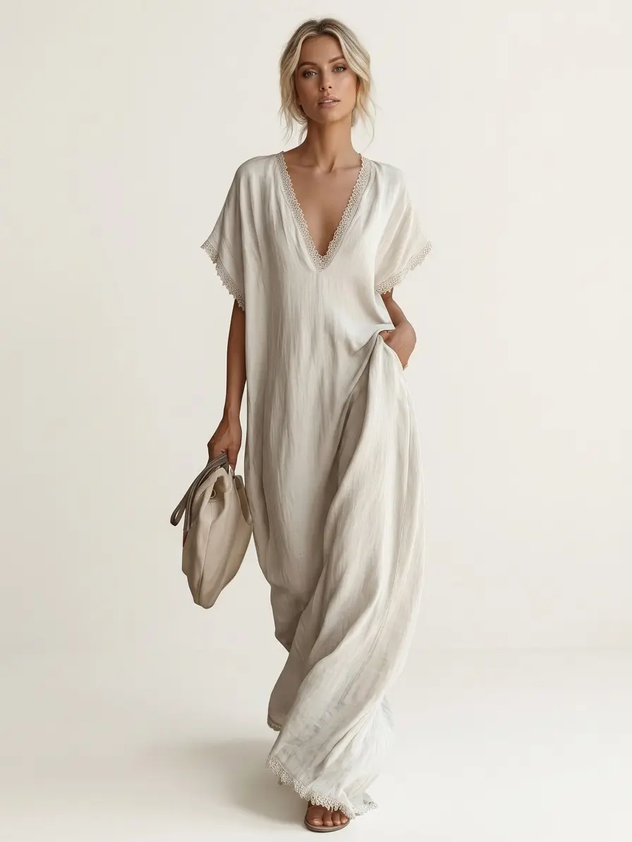 Women's Breathable Linen Cotton Maxi Dress - Chic Oversized Kaftan with Short Sleeves, V-Neck with Lace Trim, and Pockets, Shortsleeve, Style, Comfortable, Elegant, Minimalist
