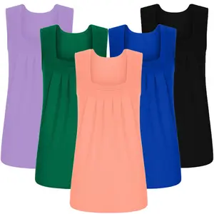 Summer Must-Have 5 Pack:Square Neck Tank Tops Women Flowy Pleated Sleeveless Loose Fit