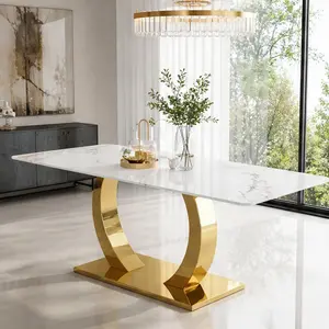 ARCH White Glass Dining Table for 4-6 People, Modern Marble Look Tempered Glass Top, Easy Clean, Sturdy Durable, for Kitchen Dining Room Restaurant Cafe, 67.5x39.5x5 Inch Table Top Only, White Color Options, Glass Material, Color: White