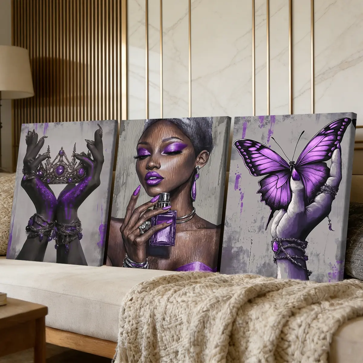 3 Counts Wooden Framed Canvas Painting, Purple Crown Butterfly Art Images, Family Poster, Modern Art, Modern Home & Living Room Wall Decor, Waterproof Art, Decorative Wall Art, Aesthetic Wall Decor