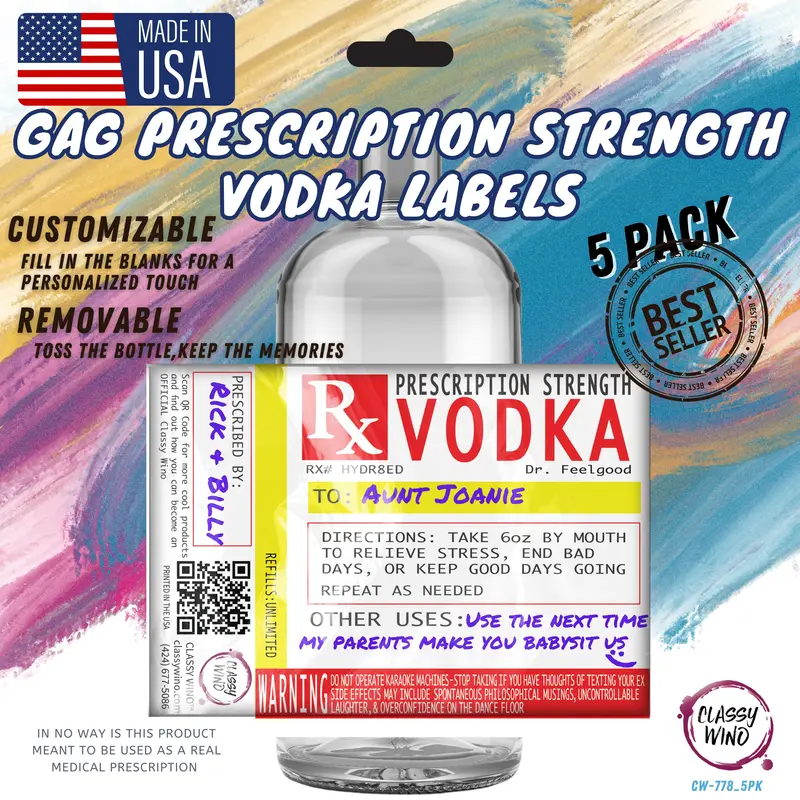 Classy Wino 5 Hilarious Removable Fake Prescription Stickers for Vodka Bottles - Customizable Funny Gag Gift Idea, Bar Decor Complement, Ideal for Birthday & Any Occasion Party Supplies