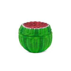 Hand Woven Watermelon Rattan Storage Basket with Lid Decorative Bin Home Decor Shelf Organizer Cute Handmade Handcrafted Gift Art Decoration Wicker