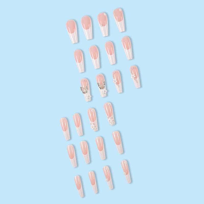 24pcs 3D Flower & Butterfly Decor Fake Nail & 1 Count Tape & 1 Count Nail File, Artificial Pearl Decor Fashion Press on Nails for Women & Girls Diy Nail Art, Elegant Stick on Nails Kit