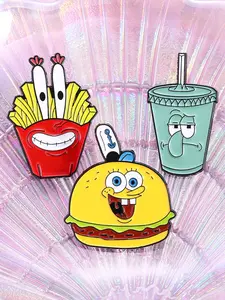 3 Piece Cartoon Animation SpongeBob SquarePants Enamel Pin Funny Anime SpongeBob SquarePants Burger Squidward Quincy Tentacles Drink Cup Crab Boss French Fries Character Design Cute Brooches for Backpack Jacket Decoration Gift for Fans Kids Collectors