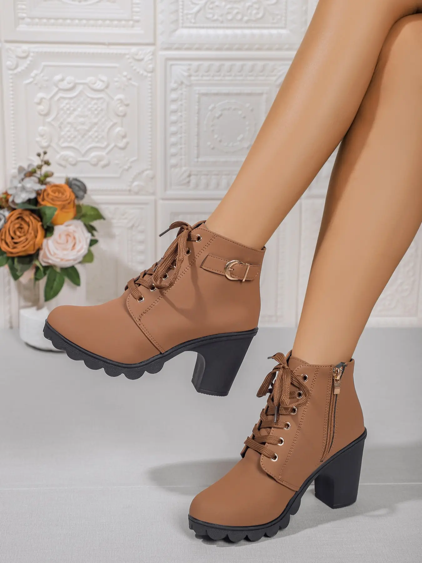 Women's Chunky Heel Short Boots, Fashion Lace-Up Ankle Booties, Casual PU Leather Side Zipper Design, All-Season Daily Wear Shoes, Thick Heeled Boots, Boots With Zipper, Boot Heels
