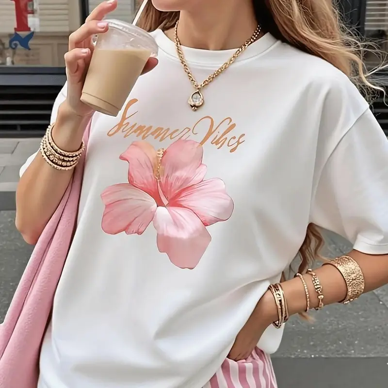 Discover Stylish Comfortable Cotton T-Shirt for Women Featuring a Round Neck Short Sleeves and Beautiful Pink Flower Print Perfect for Spring and Summer graphic tee