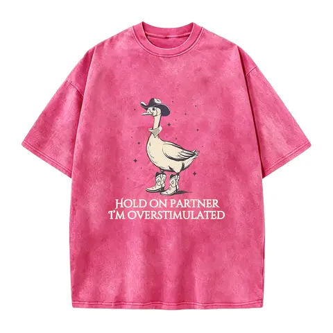 Women'S Dark Gray Vintage Washed Funny Cowboy Duck Pattern Print Shirt with Slogan "Dude, I'M a Little Over Excited" Western Style Casual Top Must-Have for Casual Wear And Quirky Aesthetic Lovers Fun Design Breathable Fabric Short Sleeve
