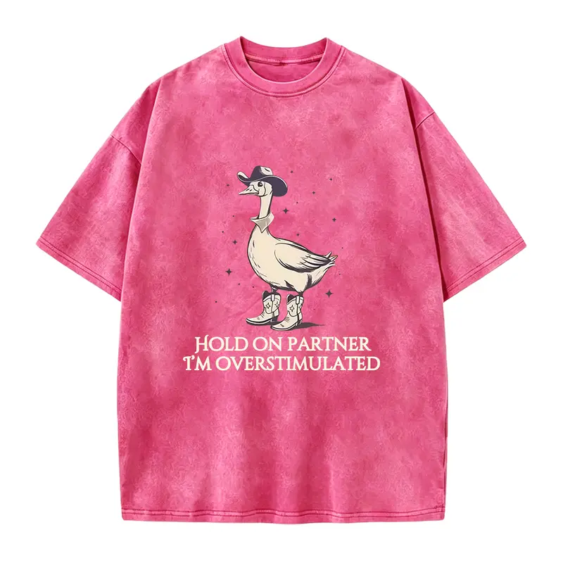 Women'S Dark Gray Vintage Washed Funny Cowboy Duck Pattern Print Shirt with Slogan "Dude, I'M a Little Over Excited" Western Style Casual Top Must-Have for Casual Wear And Quirky Aesthetic Lovers Fun Design Breathable Fabric Short Sleeve