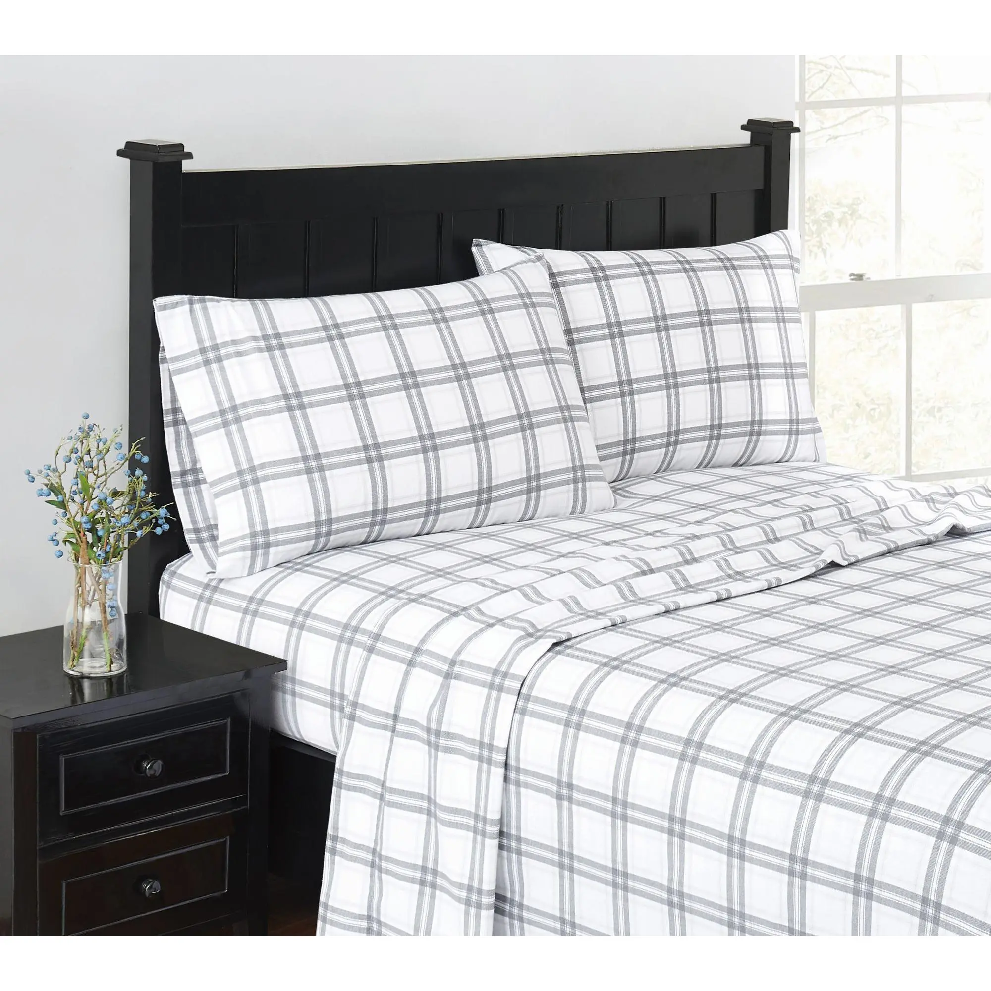 London Fog Grey Plaid Flannel 3 Piece Twin Sheet Set