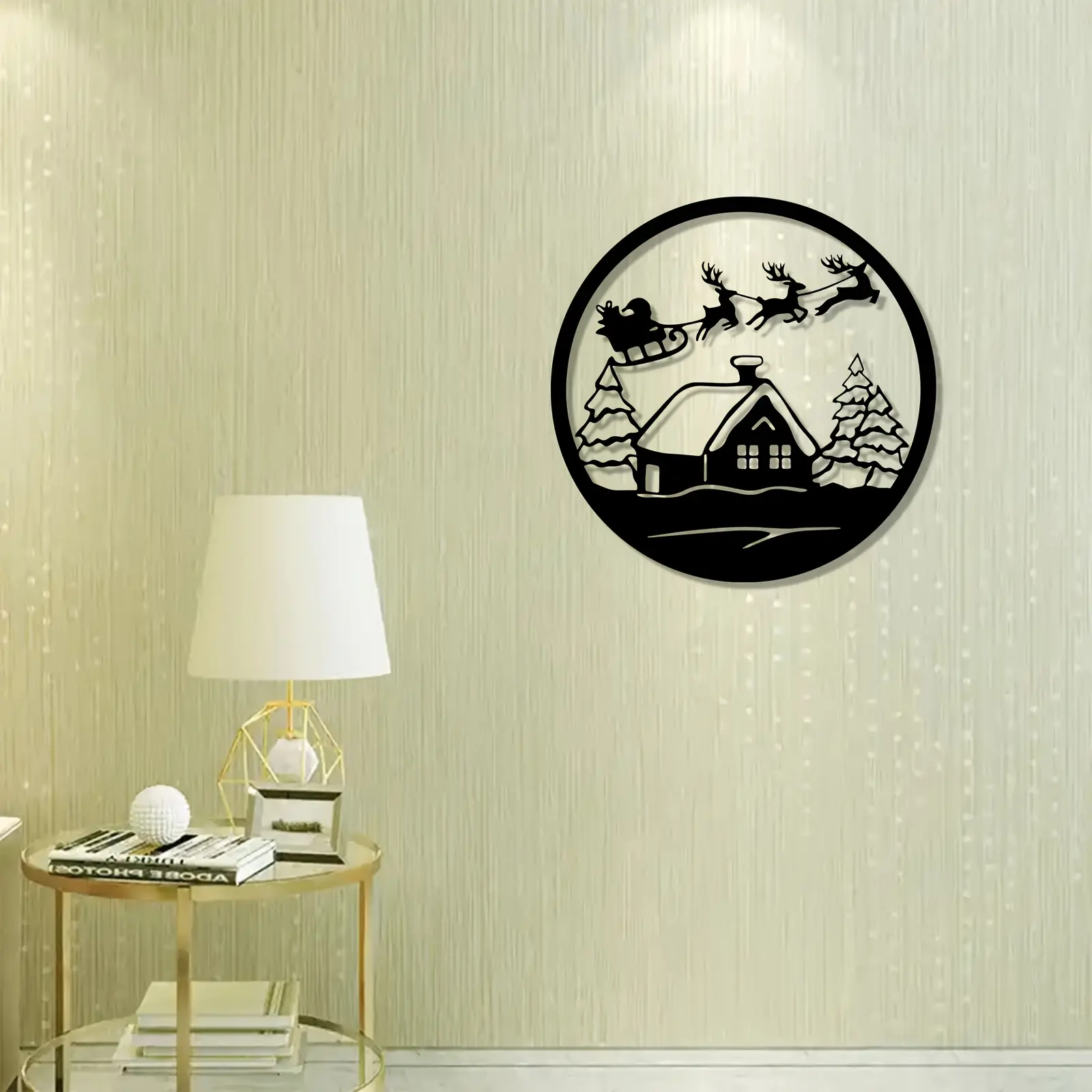 1 piece of vintage wrought iron Christmas silhouette wall decoration - Santa Claus sled and reindeer scene paired with warm cabin and trees, festive atmosphere decoration, ideal gift for living room entrance, Christmas aesthetic ornament
