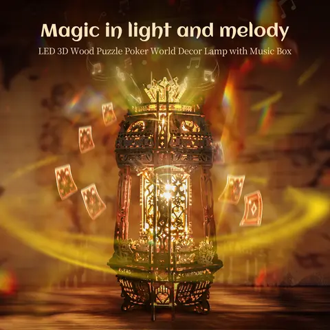 FUNPOLA LED 3D Wood Puzzle Poker World Projector Lamp, DIY Craft Kit with LED Lights and Music Box, Creative Poker-Themed Lamp, Nightlight Gift for Home Décor 181PCS