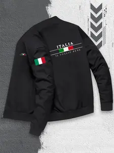 Men's Italian Flag Pilot Jacket Olive Italia Zipper Baseball Coat Polyester Fabric Casual Formal Wear Durable Material