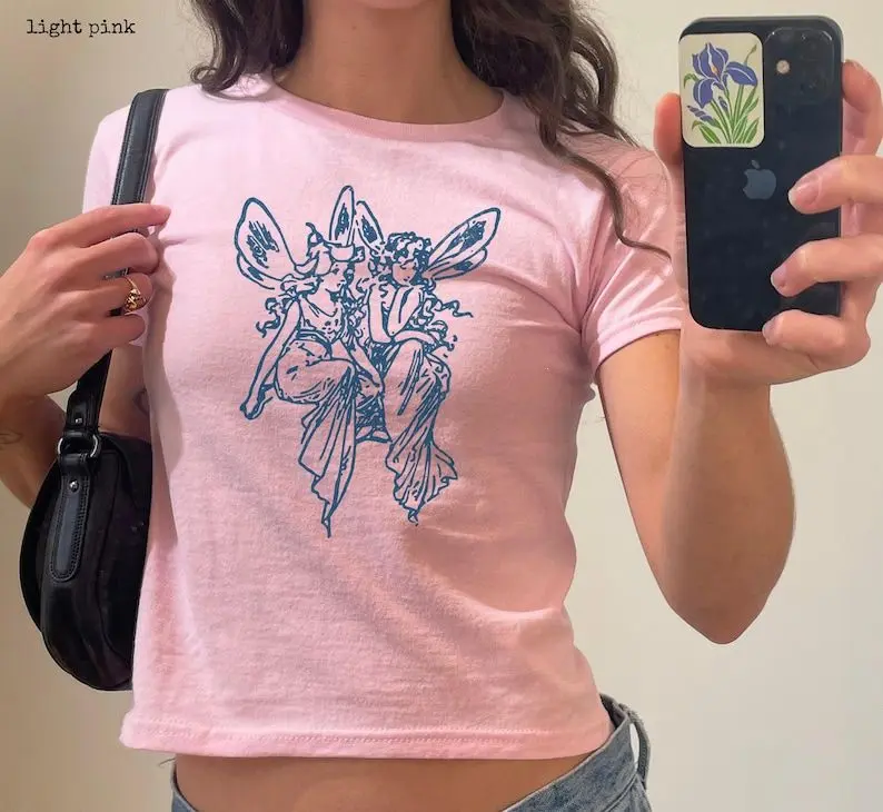 Medieval Fairies Baby Tee, Fairycore Whimsical Shirt, Retro Graphic T-Shirt, 90s Y2K Tattoo Dark Academia Fantasy Boho Trendy Faerie Tee
