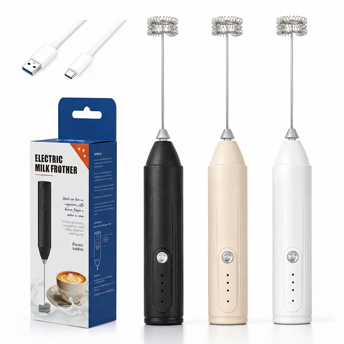 Compact Handheld Milk Frother - Rechargeable Battery, 3-Speed Motor, Steel+Plastic Electric Drink Mixer with Multi-Use Whip, Coffee Corner Accessory for Latte, Hot Chocolate