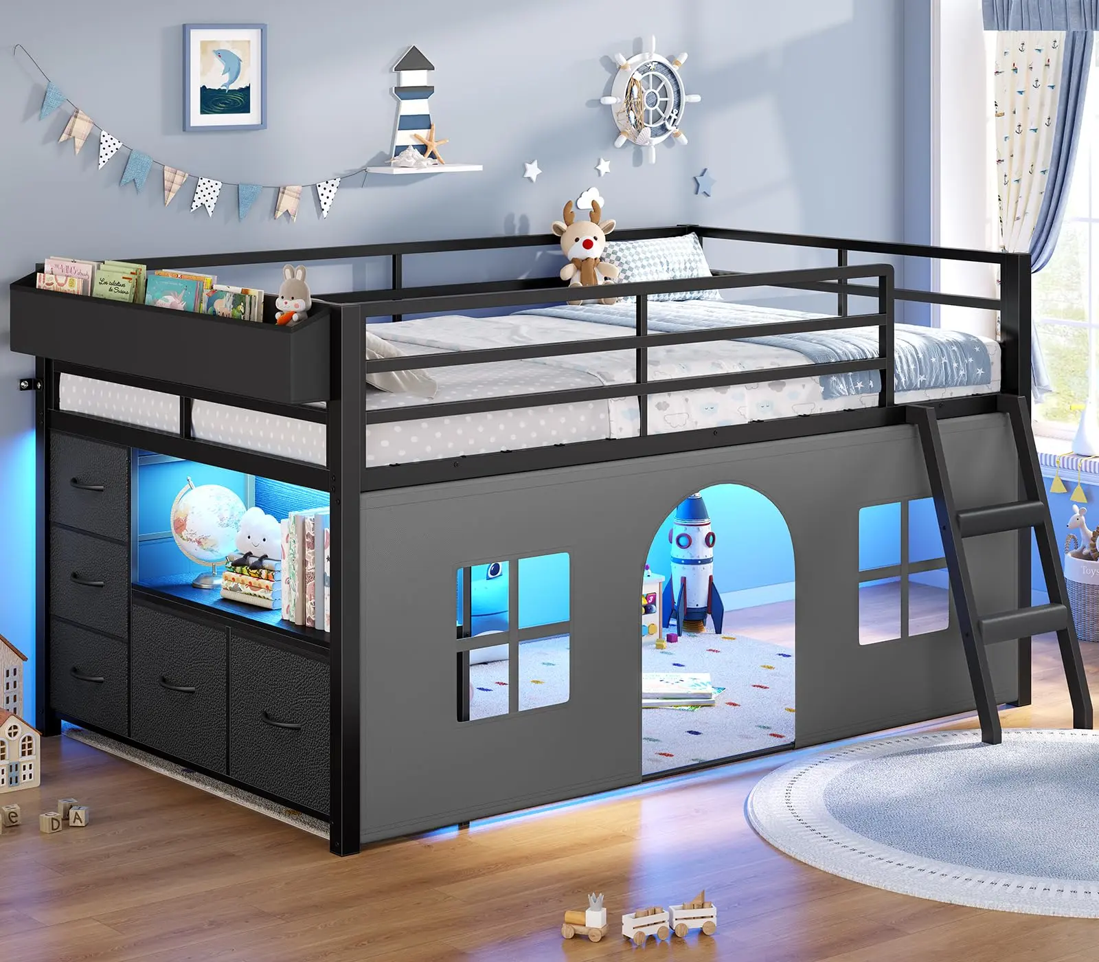 Sikaic Twin Low Loft Bed with Storage Drawers and Bookcase, Metal Playhouse Bed with Play Tent and Under-Bed Reading Nook